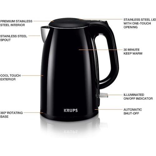  Krups Cool Touch Plastic and Stainless Steel Electric Kettle 1.5 Liter 1500 Watts Double Wall, Fast Boiling, Auto Off, Keep Warm, Cordless Black