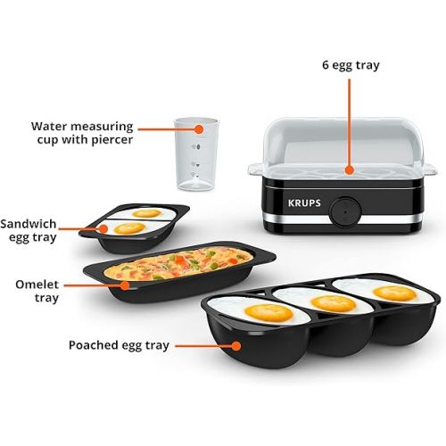  Krups Simply Electric Plastic and Stainless Steel Egg Cooker 6 Eggs 400 Watts Hard, Medium, and Soft Boiled, Poached, Scrambled, Omelets, Rapid Cook Black