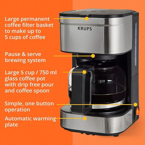  KRUPS Simply Brew Compact Filter Drip Coffee Maker, 5-Cup, Silver