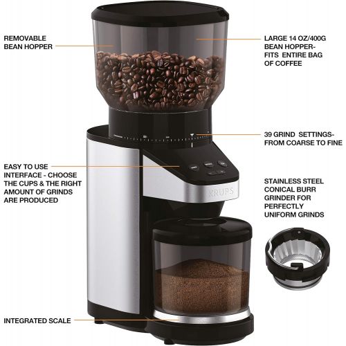  KRUPS GX420851 offee Grinder with Scale, 39 Grind Settings, Large 14 oz Capacity, intuitive Interface, Black