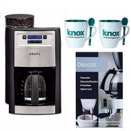 Krups KM785D50 Automatic Programmable Grind and Brew Coffee Maker Bundle with Knox Gear 16oz. Mug with Spoon (2-Pack) and Urnex Dezcal Citric Acid Based Coffee and Espresso Machine