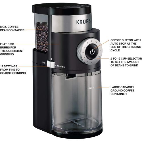  KRUPS Precision Grinder Flat Burr Coffee for Drip/Espresso/PourOver/ColdBrew, 12 Cup, Black