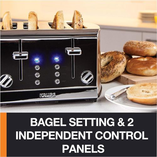  KRUPS KH734D Breakfast Set 4-Slot Toaster with Brushed and Chrome Stainless Steel Housing, 4-Slices with Dual Independent Control Panel, Silver