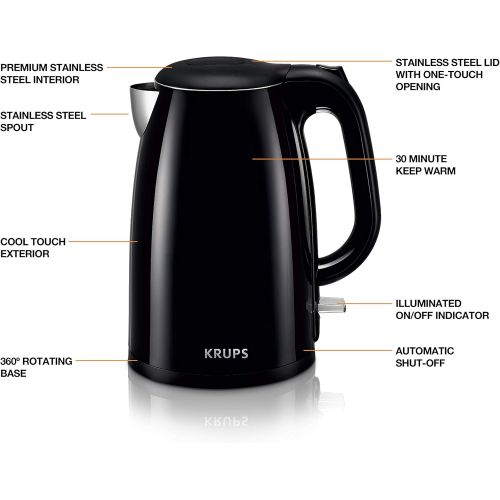  KRUPS Cool-touch Stainless Steel Double Wall Electric Kettle, 1.5L, Black