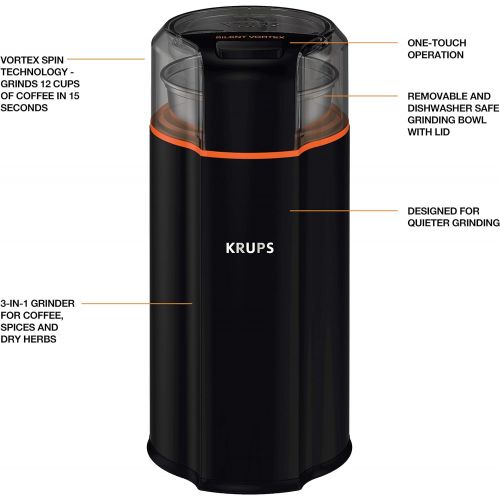  KRUPS Silent Vortex Electric Grinder for Spice, Dry Herbs and Coffee, 12-Cups, Black