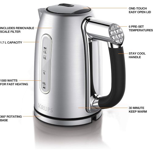  KRUPS BW710D51 Cool-touch Stainless Steel Electric Kettle with Adjustable Temperature, 1.7-Liter, Silver: Kitchen & Dining