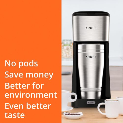  KRUPS Simply Brew to Go Single Serve Drip Coffee Maker with Travel Tumbler Included, 12 fluid ounces, Silver and Black