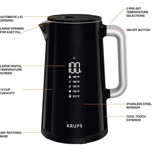  [아마존베스트]KRUPS BW801852 Smart Temp Digital Kettle Full Stainless Interior and Safety Off, 1.7-Liter, Black