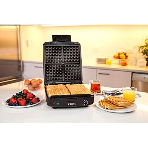  [아마존베스트]KRUPS Belgian Waffle Maker, Waffle Maker with Removable Plates, 4 Slices, Black and Silver