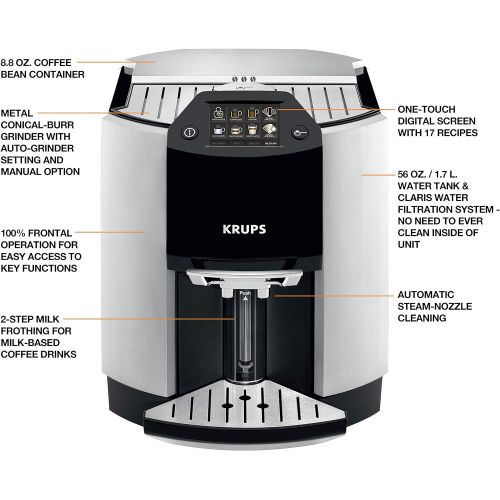  KRUPS EA9010 Fully Auto Cappuccino Machine Espresso Maker, Automatic Rinsing, Two Step Milk Frothing Technology, 57 Ounce, Silver