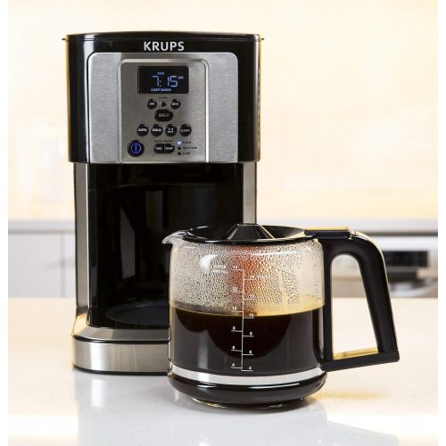  KRUPS EC314050 Programmable Digital Coffee Maker Machine with Stainless Steel Body and LED Control Panel,12-Cups, Silver