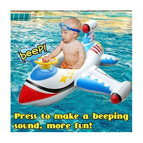  Inflatable Baby Pool Float for Age 1-4, Kids Swimming Pool Floaties Swim Ring with Safe Seat & Steering Wheel & Horn for Infant Toddlers, Summer Fun Ride-on Raft Pool Baby Beach Supplies Boys Girls