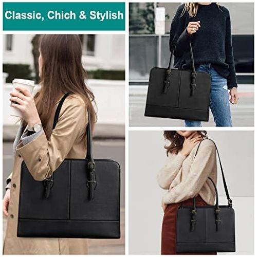  [아마존베스트]KTMOUW Laptop Bag for Women Leather 15.6 Inch Laptop Work Tote for Computer Bag Waterproof Business Office Professional Large Capacity Handbag School Shoulder Bag Black