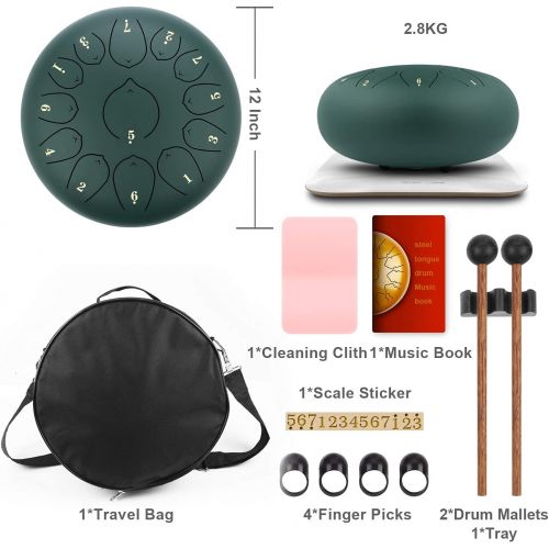  [아마존베스트]KUDOUT KUD 12-Inch 13-Tone Ethereal Drum Instrument, Tongue Drum, Steel Pan Tones, Percussion Instrument, Hand Pan Drum with Drum Beaters, Carry Case, Note Sticks for Meditation, Yoga, So