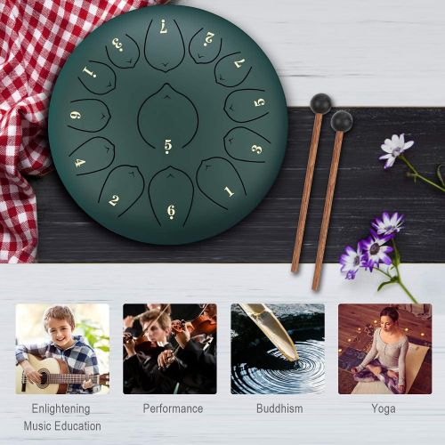  [아마존베스트]KUDOUT KUD 12-Inch 13-Tone Ethereal Drum Instrument, Tongue Drum, Steel Pan Tones, Percussion Instrument, Hand Pan Drum with Drum Beaters, Carry Case, Note Sticks for Meditation, Yoga, So