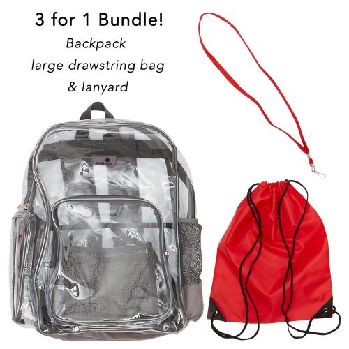  KUDZULOO Clear Bookbags - 6 COLORS - Drawstring Bag & Lanyard Included  Heavy Duty Clear Backpack - Security Backpack - See Through School Bag - Transparent bag - Large Clear Backpack - PV