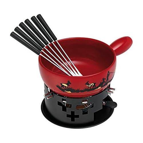  KUHN RIKON 32178 Fondue Kasefondue Set Kasefondueset Alphornblaser 9-tlg bestehend aus Caquelon, Rechaud, Brennpaste und 6 Gabeln