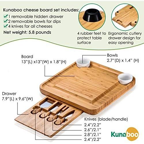  [아마존베스트]Kunaboo Bamboo cheese board and knife set - Charcuterie tray with cutlery set - FSC certified - Best for wine and cheese board parties, wedding, housewarming gift, cheeseboard and