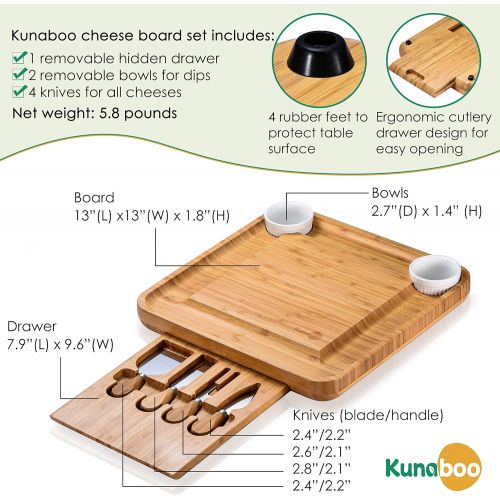  [아마존베스트]Kunaboo Bamboo cheese board and knife set - Charcuterie tray with cutlery set - FSC certified - Best for wine and cheese board parties, wedding, housewarming gift, cheeseboard and