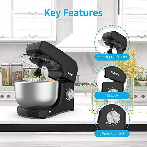  KUPPET Stand Mixer, 8-Speed Tilt-Head Electric Food Mixer with Dough Hook, Wire Whip & Beater, Pouring Shield, 4.7QT Stainless Steel Bowl- Black