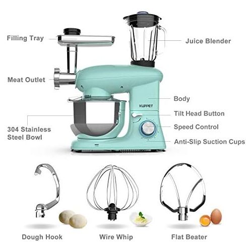  KUPPET 3 in 1 Stand Mixer, 6 Speed Electric Mixer, Tilt Head Kitchen Mixer with Meat Grinder and Juice Blender, 6 Quarts 850W Food Mixer - Blue