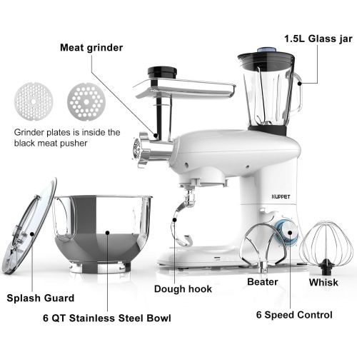  KUPPET 3 in 1 Stand Mixer, 6 Speed Electric Mixer, Tilt Head Kitchen Mixer with Meat Grinder and Juice Blender, 6 Quarts 850W Food Mixer - White