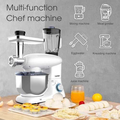  KUPPET 3 in 1 Stand Mixer, 6 Speed Electric Mixer, Tilt Head Kitchen Mixer with Meat Grinder and Juice Blender, 6 Quarts 850W Food Mixer - White