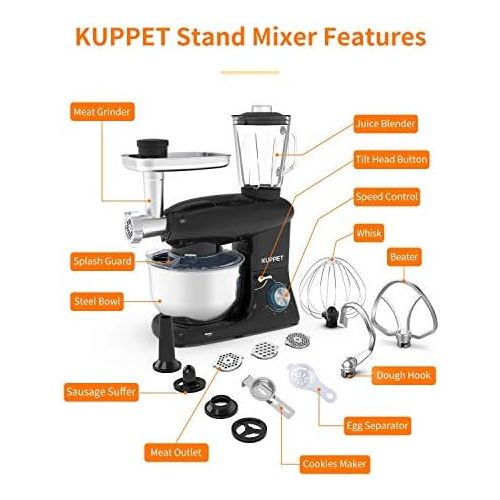  KUPPET 3 in 1 Stand Mixer, 6 Speed Electric Mixer, Tilt Head Kitchen Mixer with Meat Grinder and Juice Blender, 6 Quarts 850W Food Mixer - Black