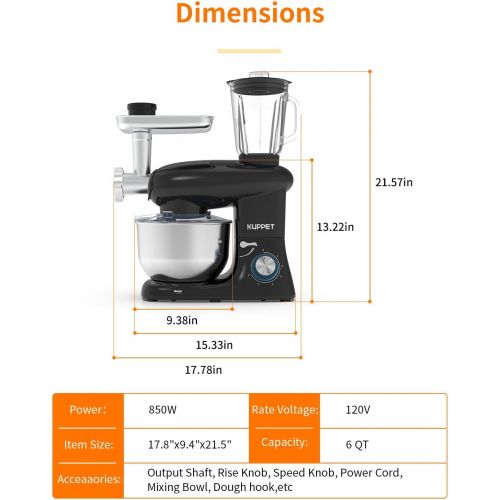  KUPPET 3 in 1 Stand Mixer, 6 Speed Electric Mixer, Tilt Head Kitchen Mixer with Meat Grinder and Juice Blender, 6 Quarts 850W Food Mixer - Black