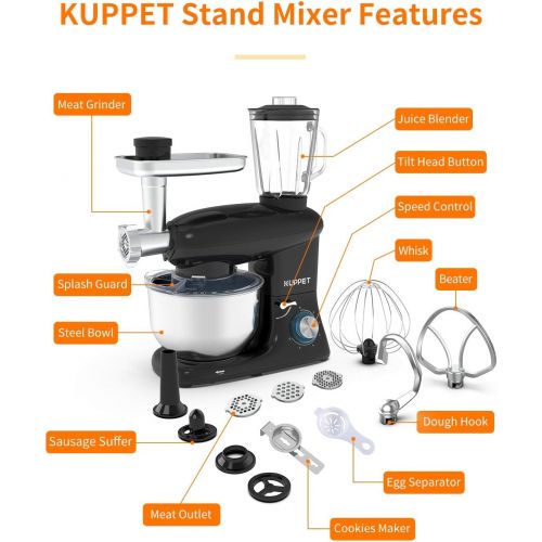  [아마존베스트]KUPPET 3 in 1 Stand Mixer, 6 Speed Electric Mixer, Tilt Head Kitchen Mixer with Meat Grinder and Juice Blender, 6 Quarts 850W Food Mixer - Black
