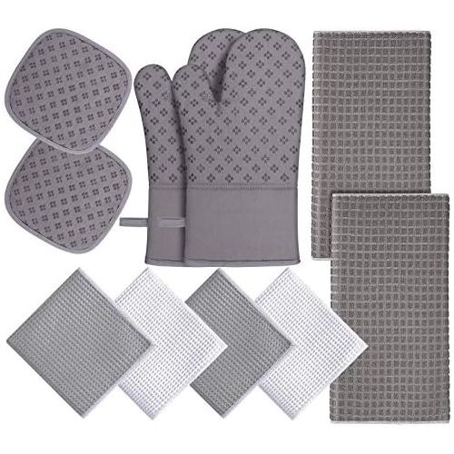  [아마존베스트]KURTVANA Oven Mitts and Pot Holders Set 10 Pcs ,with Kitchen Towels Dishcloths and Dish Drying Mat,500 Degree High Heat Resistant Oven Mitts,Microfiber Super Absorbent Soft Towels-for Kitch