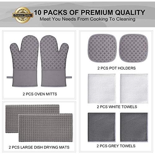  [아마존베스트]KURTVANA Oven Mitts and Pot Holders Set 10 Pcs ,with Kitchen Towels Dishcloths and Dish Drying Mat,500 Degree High Heat Resistant Oven Mitts,Microfiber Super Absorbent Soft Towels-for Kitch