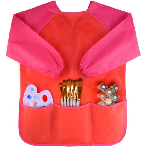  [아마존베스트]KUUQA Childrens Kids Toddler Red Waterproof Play Apron Smock with 3 Roomy Pockets - Painting, Baking, Cooking, Smock - Age 2-4 Years (Paints and Brushes not Included)