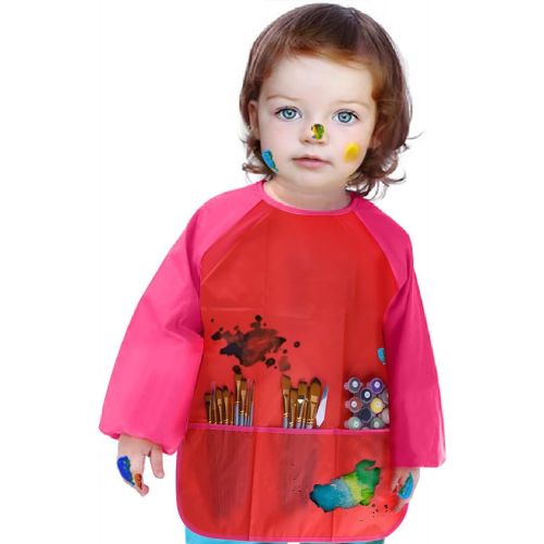  [아마존베스트]KUUQA Childrens Kids Toddler Red Waterproof Play Apron Smock with 3 Roomy Pockets - Painting, Baking, Cooking, Smock - Age 2-4 Years (Paints and Brushes not Included)