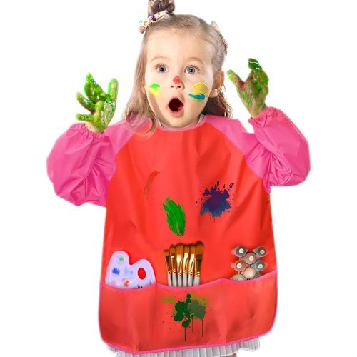  [아마존베스트]KUUQA 2 Pieces Waterproof Childrens Art Smock Kids Painting Aprons with 3 Roomy Pockets (Paints and Brushes not Included)