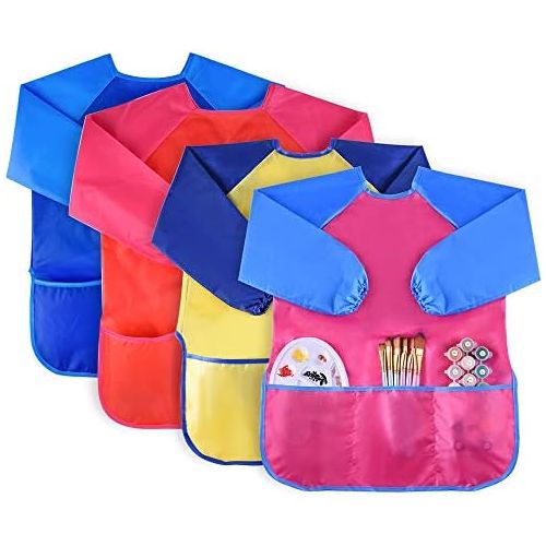  [아마존베스트]KUUQA 4Pcs Waterproof Kids Play Art Smock, Childrens Painting Aprons with Long Sleeve and 3 Pockets for Painting, Feeding，Age 2-6 Years (Paints and Brushes Not Included)