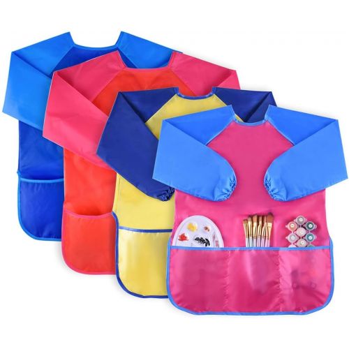  [아마존베스트]KUUQA 4Pcs Waterproof Kids Play Art Smock, Childrens Painting Aprons with Long Sleeve and 3 Pockets for Painting, Feeding，Age 2-6 Years (Paints and Brushes Not Included)