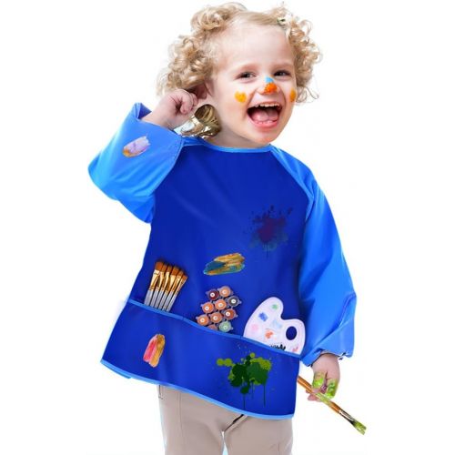  [아마존베스트]KUUQA 4Pcs Waterproof Kids Play Art Smock, Childrens Painting Aprons with Long Sleeve and 3 Pockets for Painting, Feeding，Age 2-6 Years (Paints and Brushes Not Included)