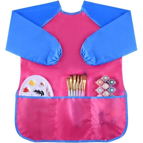  [아마존베스트]KUUQA 4Pcs Waterproof Kids Play Art Smock, Childrens Painting Aprons with Long Sleeve and 3 Pockets for Painting, Feeding，Age 2-6 Years (Paints and Brushes Not Included)