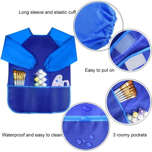  [아마존베스트]KUUQA 4Pcs Waterproof Kids Play Art Smock, Childrens Painting Aprons with Long Sleeve and 3 Pockets for Painting, Feeding，Age 2-6 Years (Paints and Brushes Not Included)