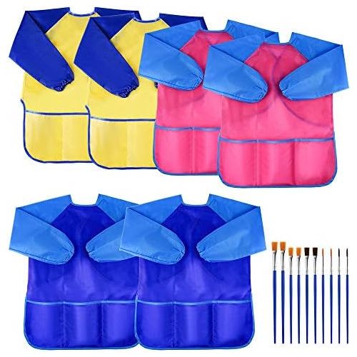  [아마존베스트]KUUQA 6 Pcs Waterproof Art Smock Kids Art Painting Aprons Long Sleeve with 3 Roomy Pockets and 10 Pcs Painting Brushes, Age 2-6 Years