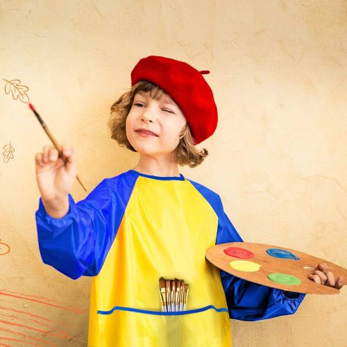  [아마존베스트]KUUQA 6 Pcs Waterproof Art Smock Kids Art Painting Aprons Long Sleeve with 3 Roomy Pockets and 10 Pcs Painting Brushes, Age 2-6 Years