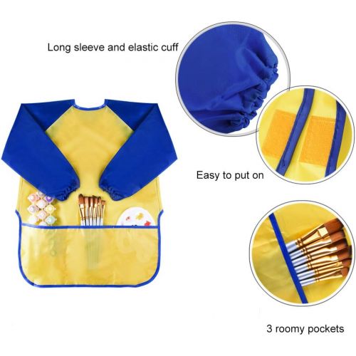  [아마존베스트]KUUQA 6 Pcs Waterproof Art Smock Kids Art Painting Aprons Long Sleeve with 3 Roomy Pockets and 10 Pcs Painting Brushes, Age 2-6 Years