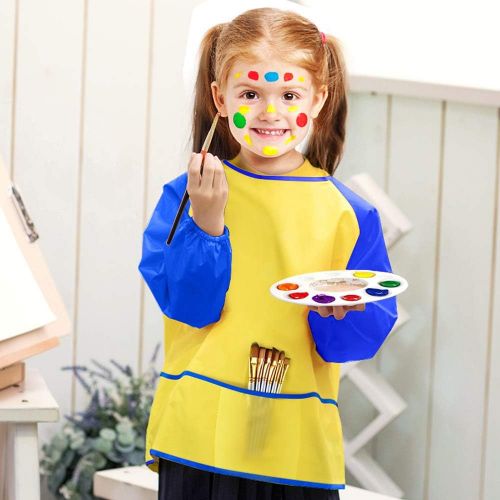  [아마존베스트]KUUQA 6 Pcs Waterproof Art Smock Kids Art Painting Aprons Long Sleeve with 3 Roomy Pockets and 10 Pcs Painting Brushes, Age 2-6 Years