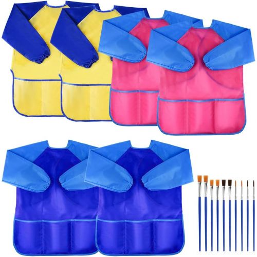  [아마존베스트]KUUQA 6 Pcs Waterproof Art Smock Kids Art Painting Aprons Long Sleeve with 3 Roomy Pockets and 10 Pcs Painting Brushes, Age 2-6 Years