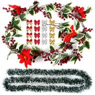 KUUQA 5.9FT Red Berry Christmas Garland Christmas Flowers Decorations Garland, Artificial Poinsettia Garland, Christmas Pine Garland with Christmas Bows for Xmas Fireplace Decor