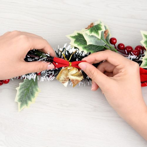  KUUQA 5.9FT Red Berry Christmas Garland Christmas Flowers Decorations Garland, Artificial Poinsettia Garland, Christmas Pine Garland with Christmas Bows for Xmas Fireplace Decor