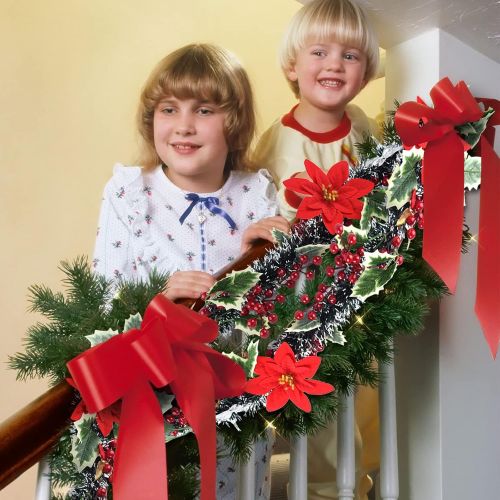  KUUQA 5.9FT Red Berry Christmas Garland Christmas Flowers Decorations Garland, Artificial Poinsettia Garland, Christmas Pine Garland with Christmas Bows for Xmas Fireplace Decor