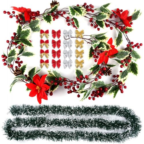  KUUQA 5.9FT Red Berry Christmas Garland Christmas Flowers Decorations Garland, Artificial Poinsettia Garland, Christmas Pine Garland with Christmas Bows for Xmas Fireplace Decor