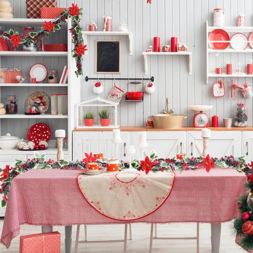  KUUQA 5.9FT Red Berry Christmas Garland Christmas Flowers Decorations Garland, Artificial Poinsettia Garland, Christmas Pine Garland with Christmas Bows for Xmas Fireplace Decor
